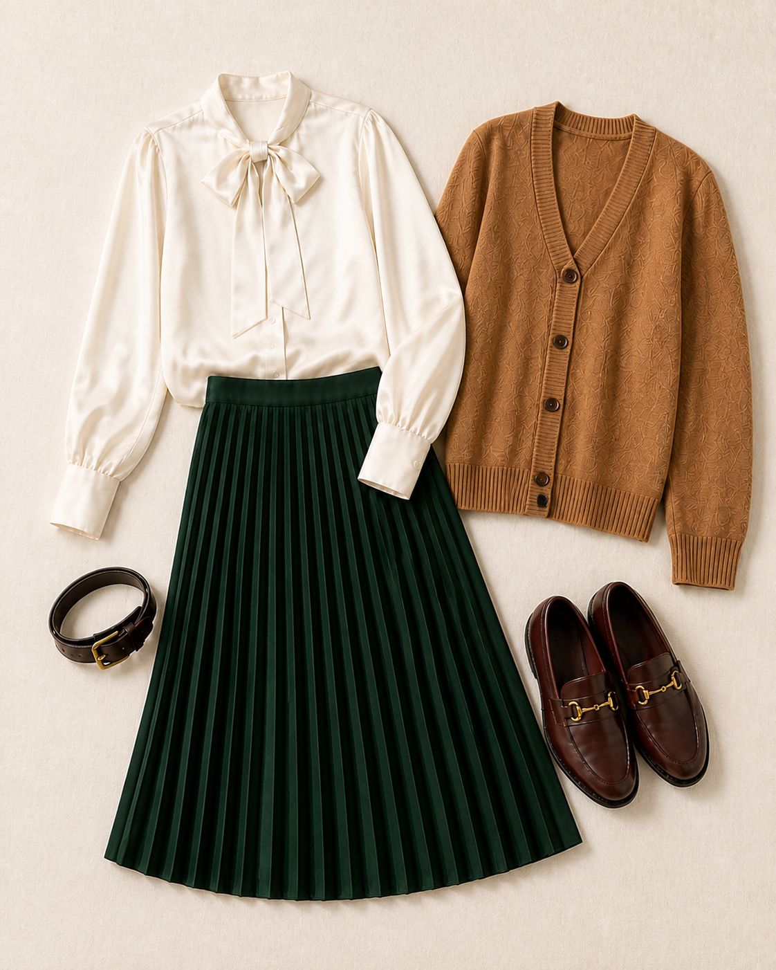 Five clothes and accessories laid flat: an ivory blouse, camel cardigan, emerald pleated skirt, brown belt and loafers.